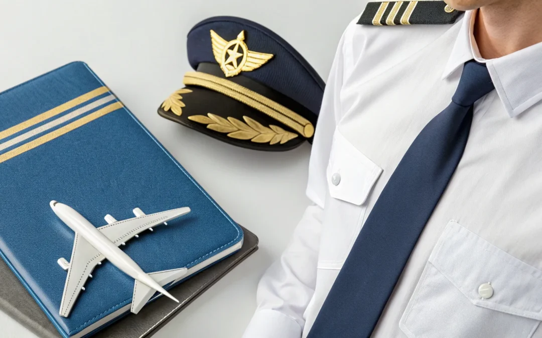 Pilot captain's hat, manuals, and a model airplane for 14 CFR Part 142 training.