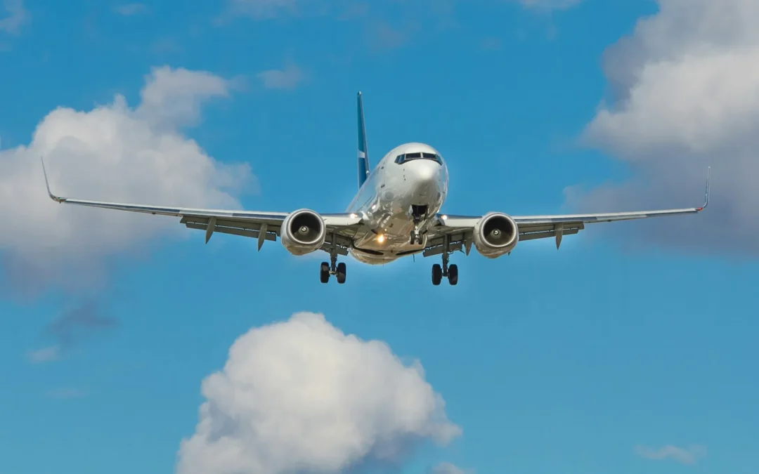 A commercial aircraft in flight for pilot training programs.