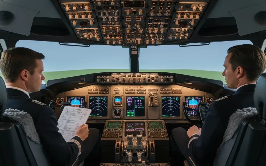 Pilots reviewing a Boeing 737 recurrent training checklist in a simulator cockpit