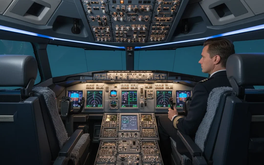 Pilot training in a flight simulator cockpit for ATP CTP training Washington pilots