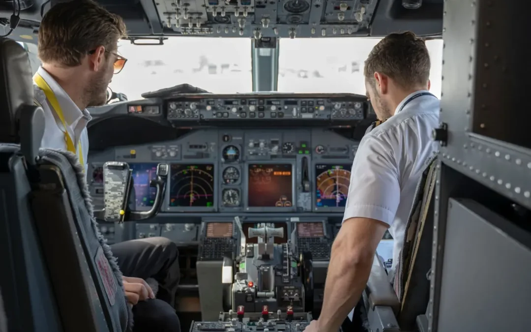 Two professional pilots in a real aircraft cockpit