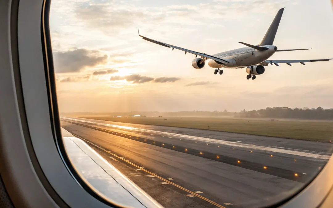 What it feels like to land a passenger jet, seen from the window as the runway approaches at sunrise.