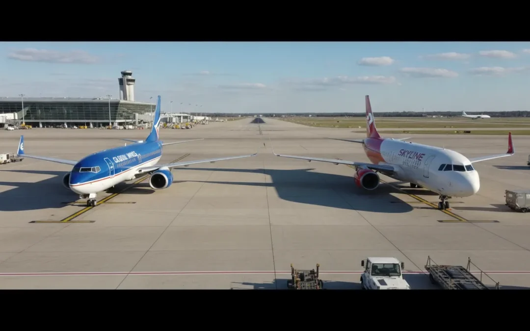 A side-by-side view of a Boeing 737-800 jetliner and an Airbus A320 parked on an airport tarmac