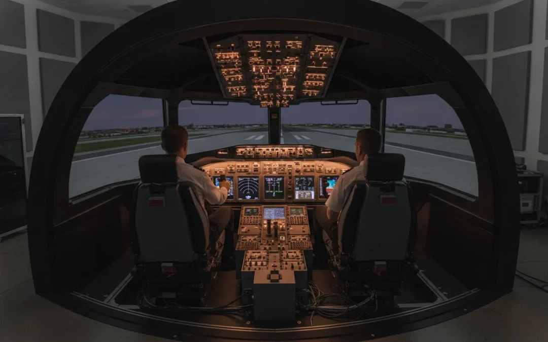 Boeing 737-800 flight simulator cockpit with pilot controls and instrument panel at Las Vegas Flight Academy