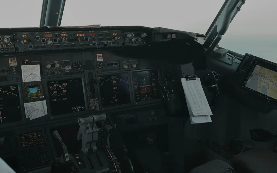 Commercial aircraft cockpit interior with flight instruments and displays in a modern aviation training environment