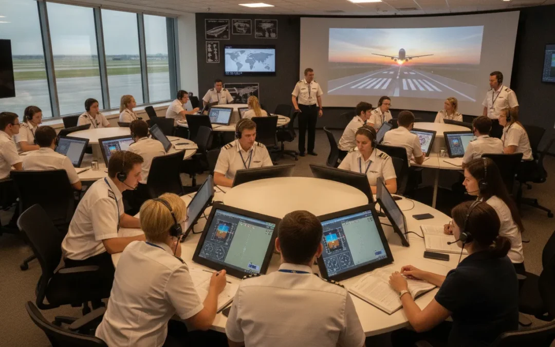 Professional pilots studying with ATP-CTP practice tests in classroom