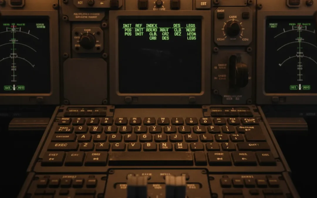 Closeup of Boeing 737 Flight Management Computer (FMC) keyboard and display screen inside simulator cockpit