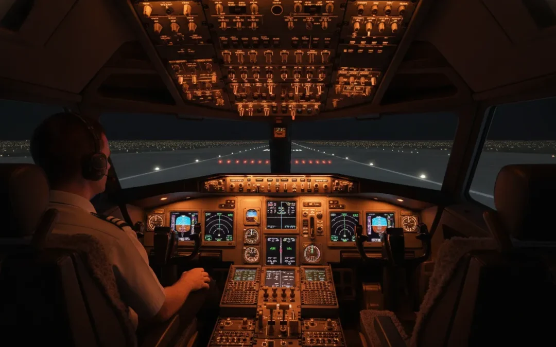 Professional Boeing 737 flight simulator cockpit with illuminated instrument panels and controls at Las Vegas Flight Academy