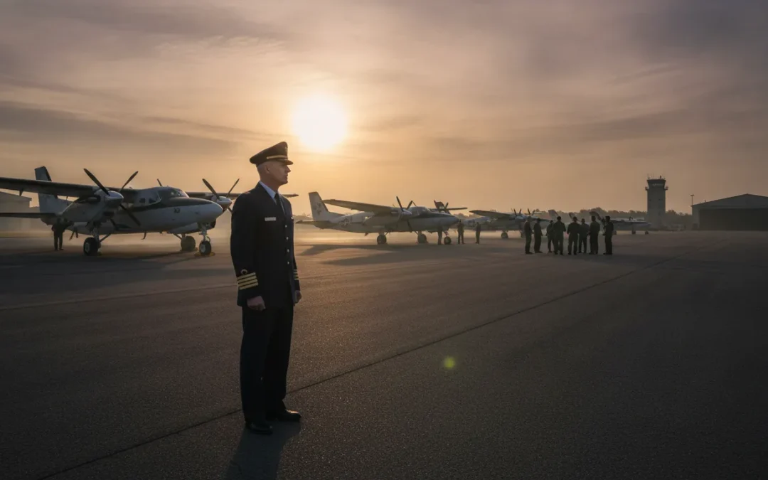 Military veteran pilot standing beside aircraft on tarmac at sunrise, professional flight training setting