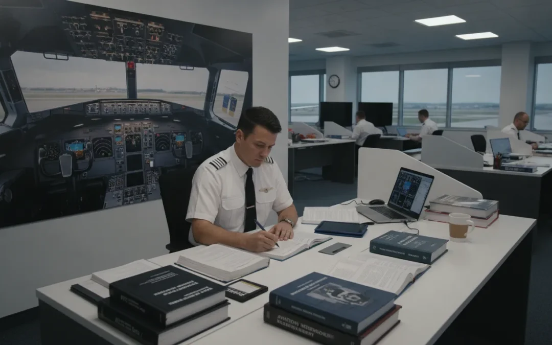 Pilot studying Boeing 737 manuals and cockpit reference materials at a desk in an aviation training center