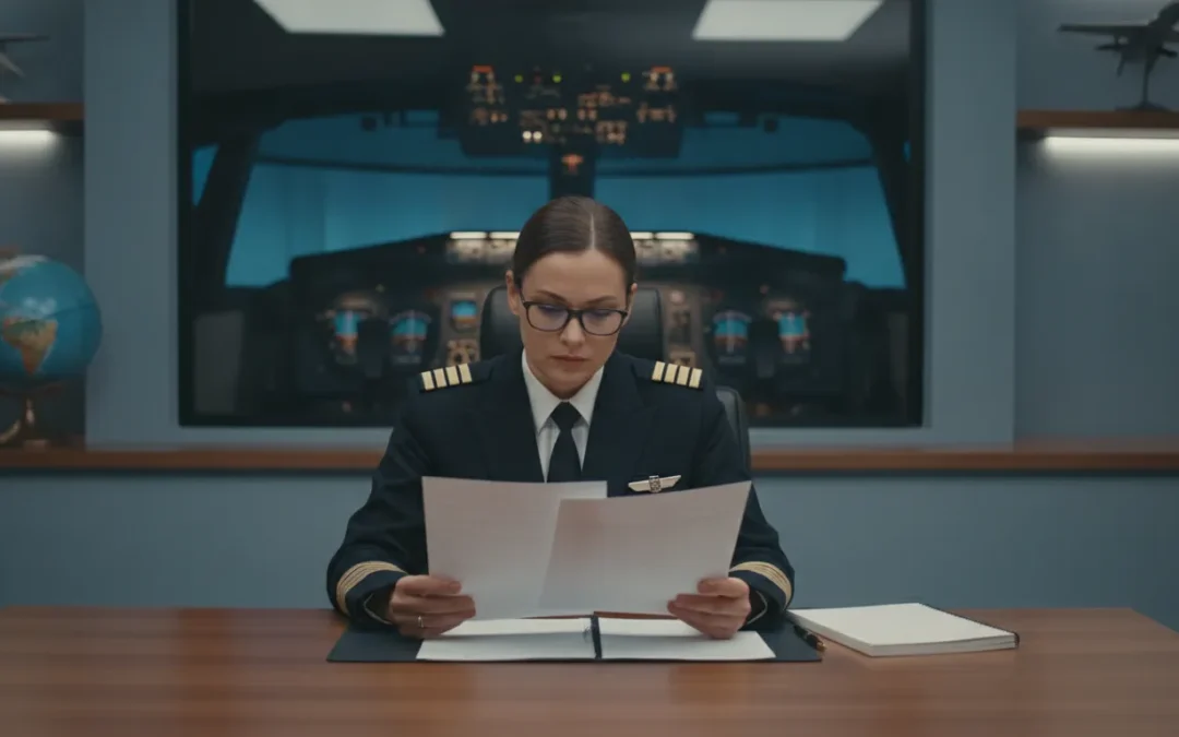 Pilot in uniform reviewing training documents in a modern flight school office