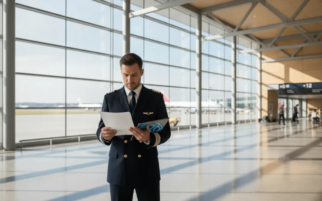 European airline pilot in uniform reviewing flight documents at a modern airport terminal