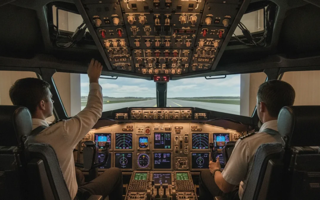 Pilot training in a Boeing 737 NG full-flight simulator cockpit