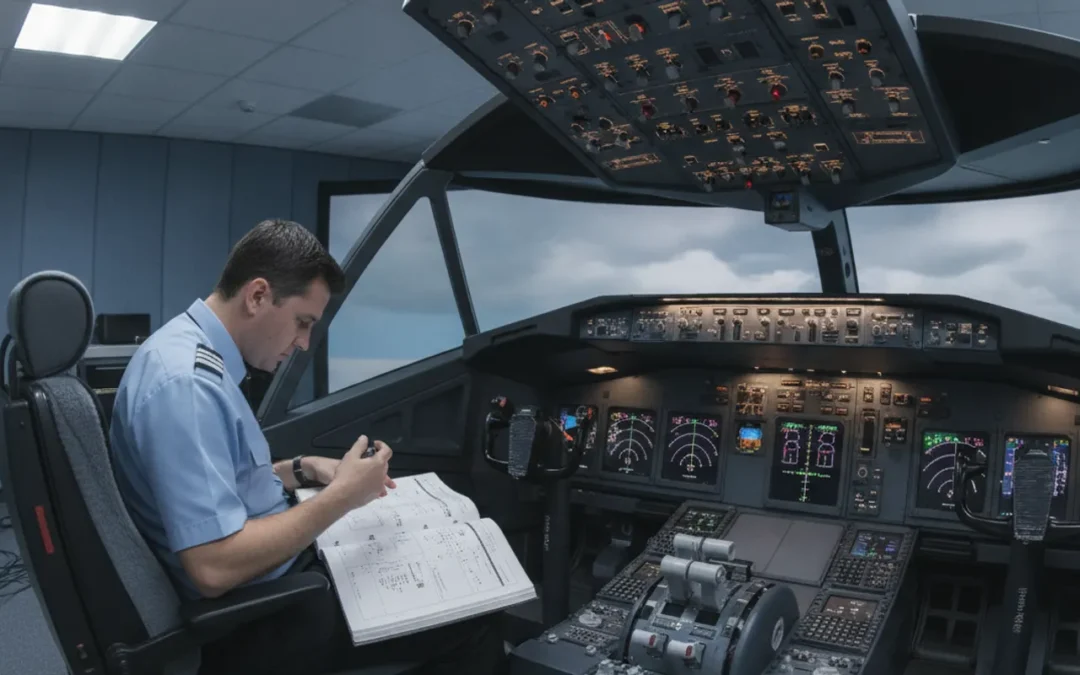 Pilot reviewing aircraft training materials beside a Boeing 737 simulator cockpit