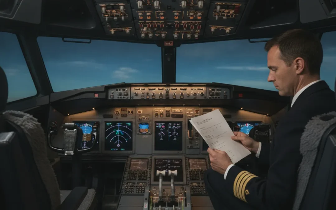 Pilot reviewing training notes inside a Boeing 737 flight simulator cockpit