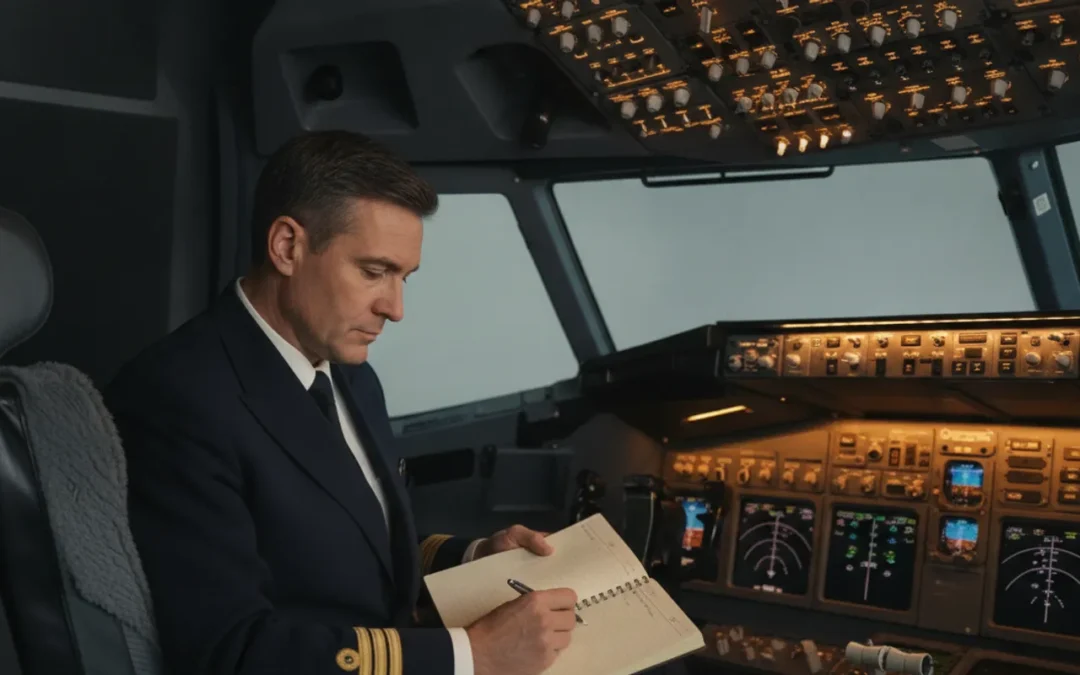 Pilot reviewing training notes in a Boeing 737 simulator cockpit