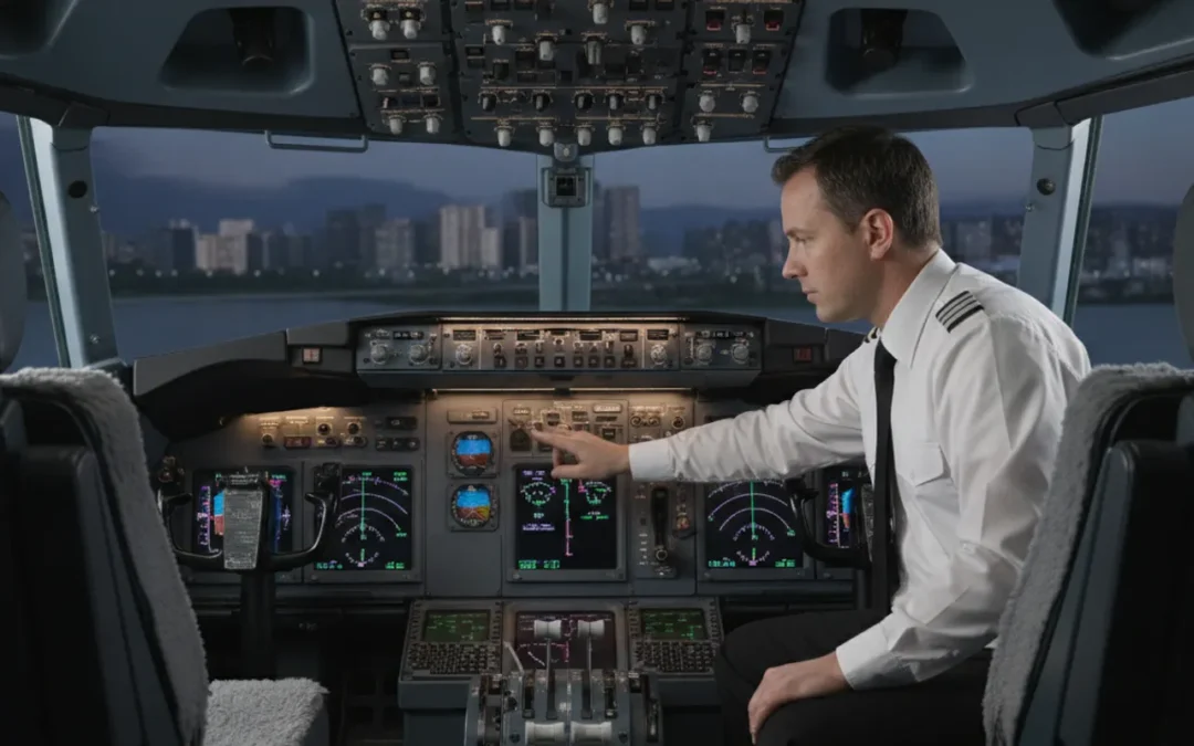 Pilot monitoring the flight displays and autopilot controls in a Boeing 737 simulator cockpit
