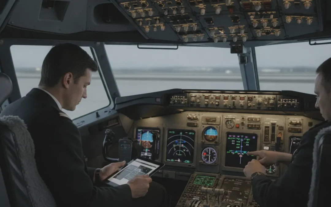 Pilot reviewing Boeing 737 cockpit procedures in a flight simulator before training