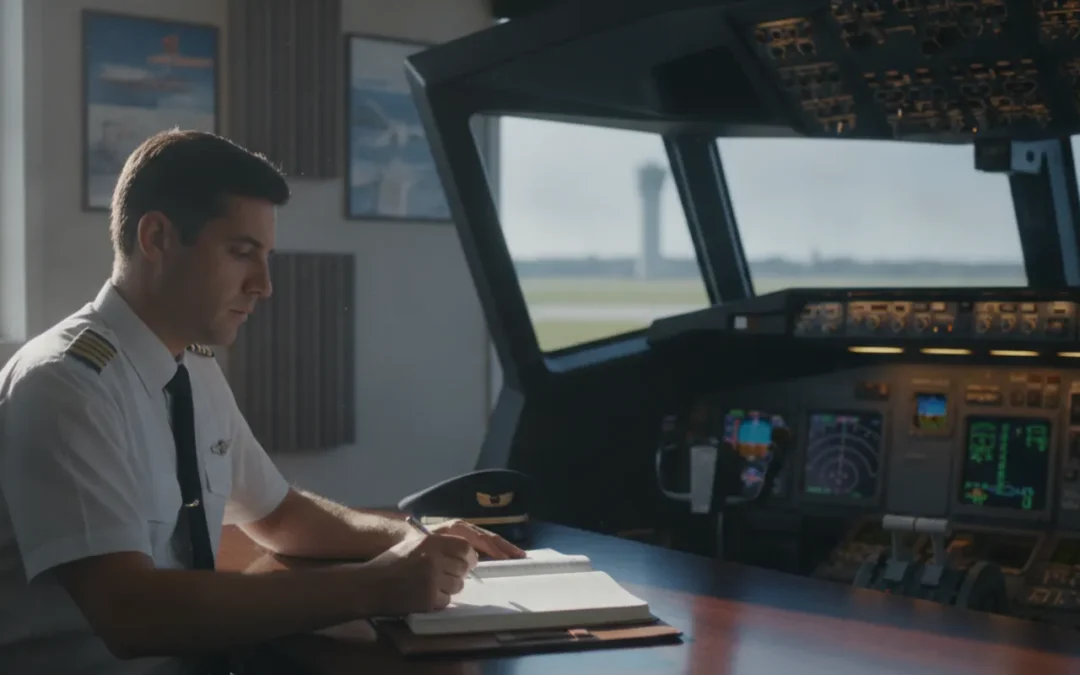Pilot reviewing flight logbook beside a Boeing 737 simulator cockpit