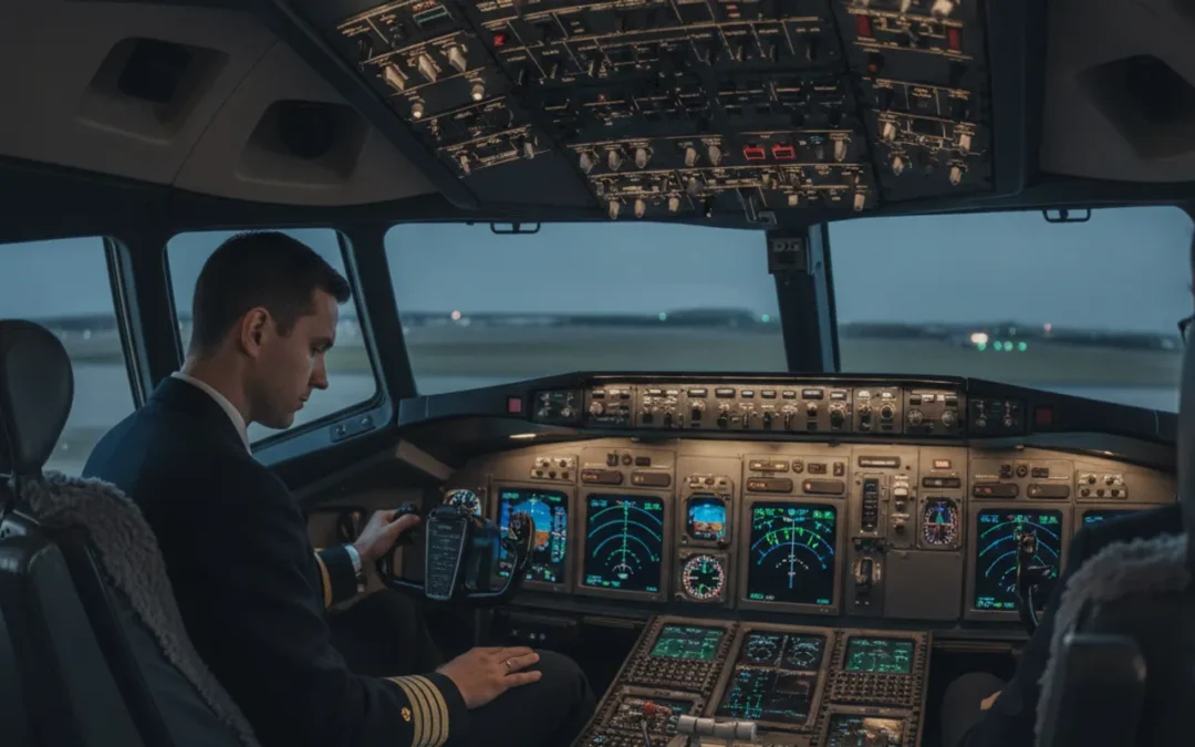Airline pilot reviewing cockpit instruments in a Boeing 737 simulator
