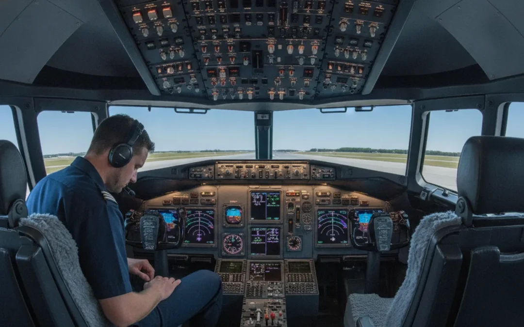 Pilot reviewing a Boeing 737 NG cockpit layout in a bright simulator training environment