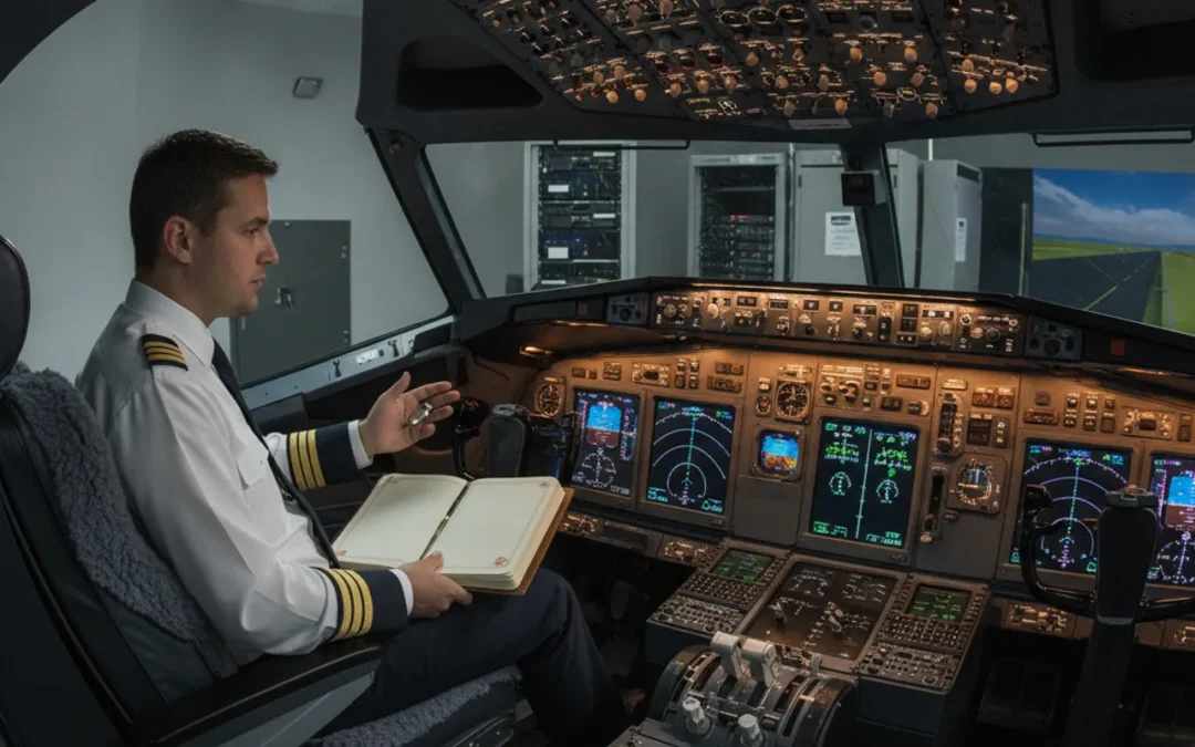 Pilot reviewing aircraft systems beside a Boeing 737 simulator cockpit
